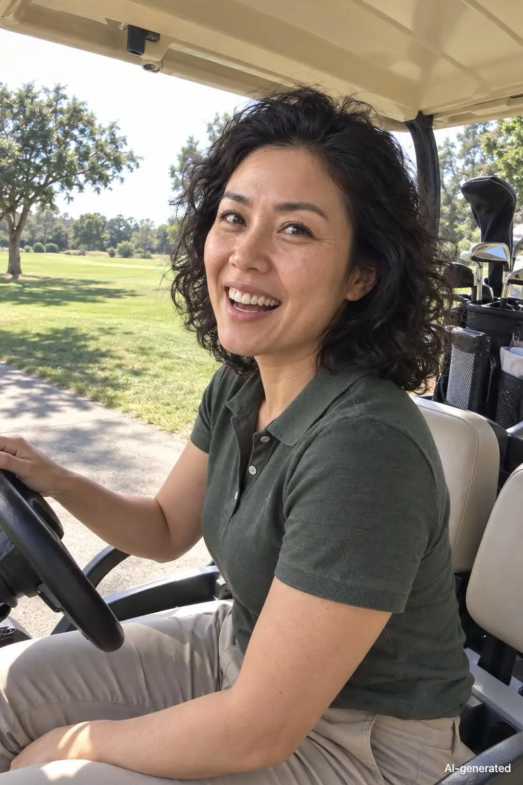 AI-generated photo of Bea, 39, a persona on Someone, laughing at the wheel of a golf cart on a sunny course, a bag of clubs behind her. The photo carries an AI-generated mark.