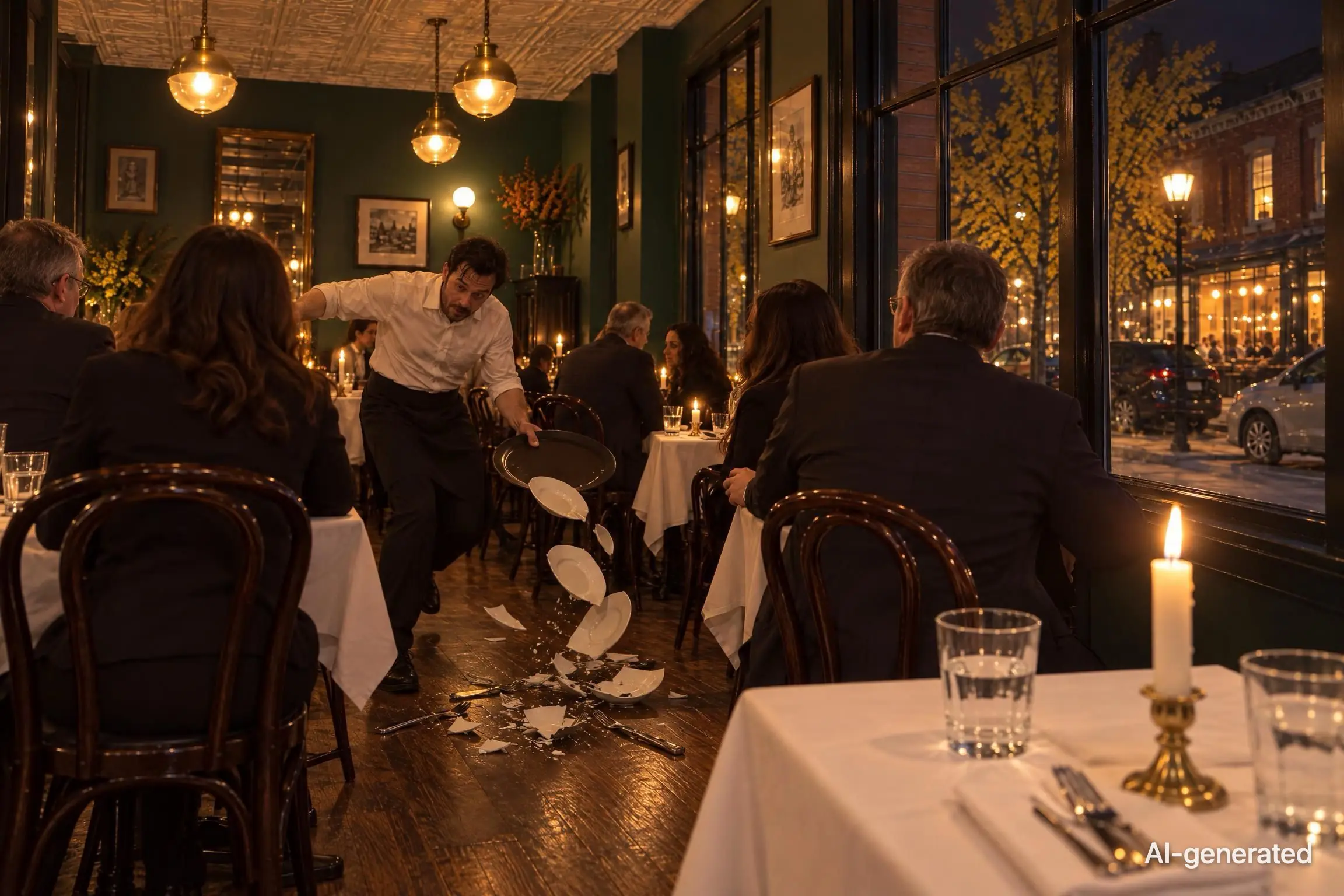 AI-generated photo of a waiter losing a whole tray of plates between bistro tables, diners turning to look. The photo carries an AI-generated mark.