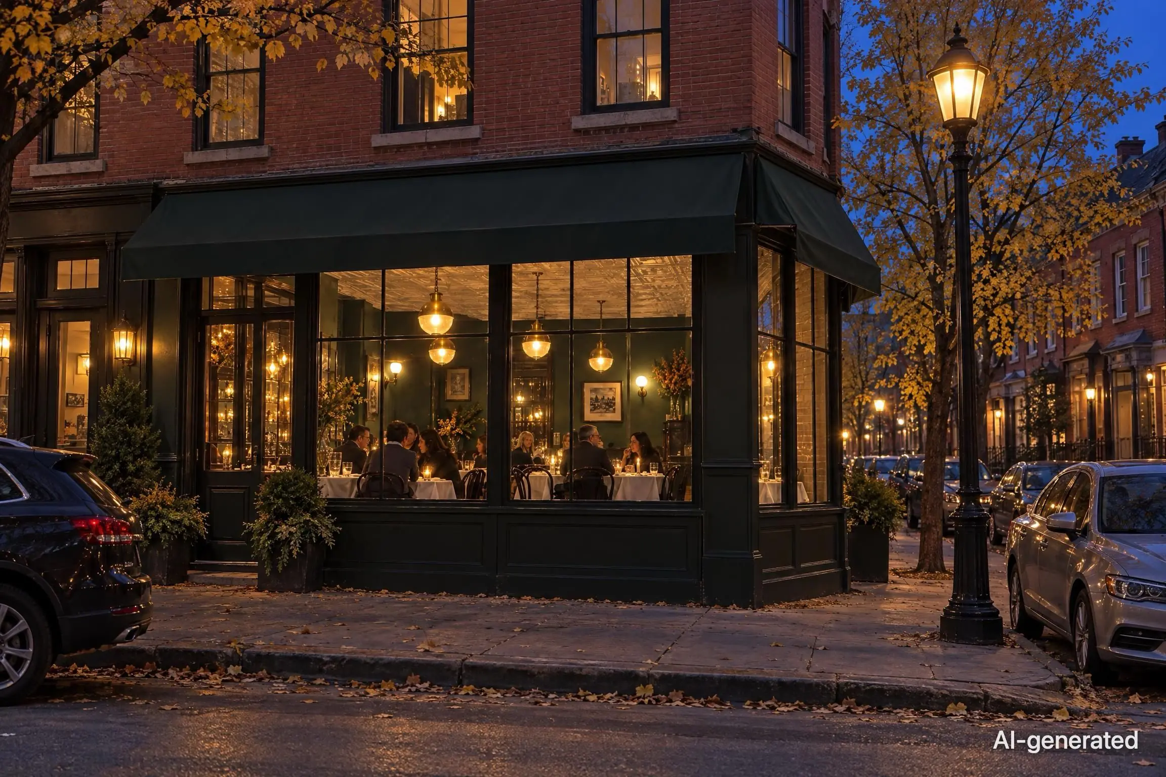 AI-generated photo of a small corner bistro at dusk from across the street, its tall windows glowing warm. The photo carries an AI-generated mark.