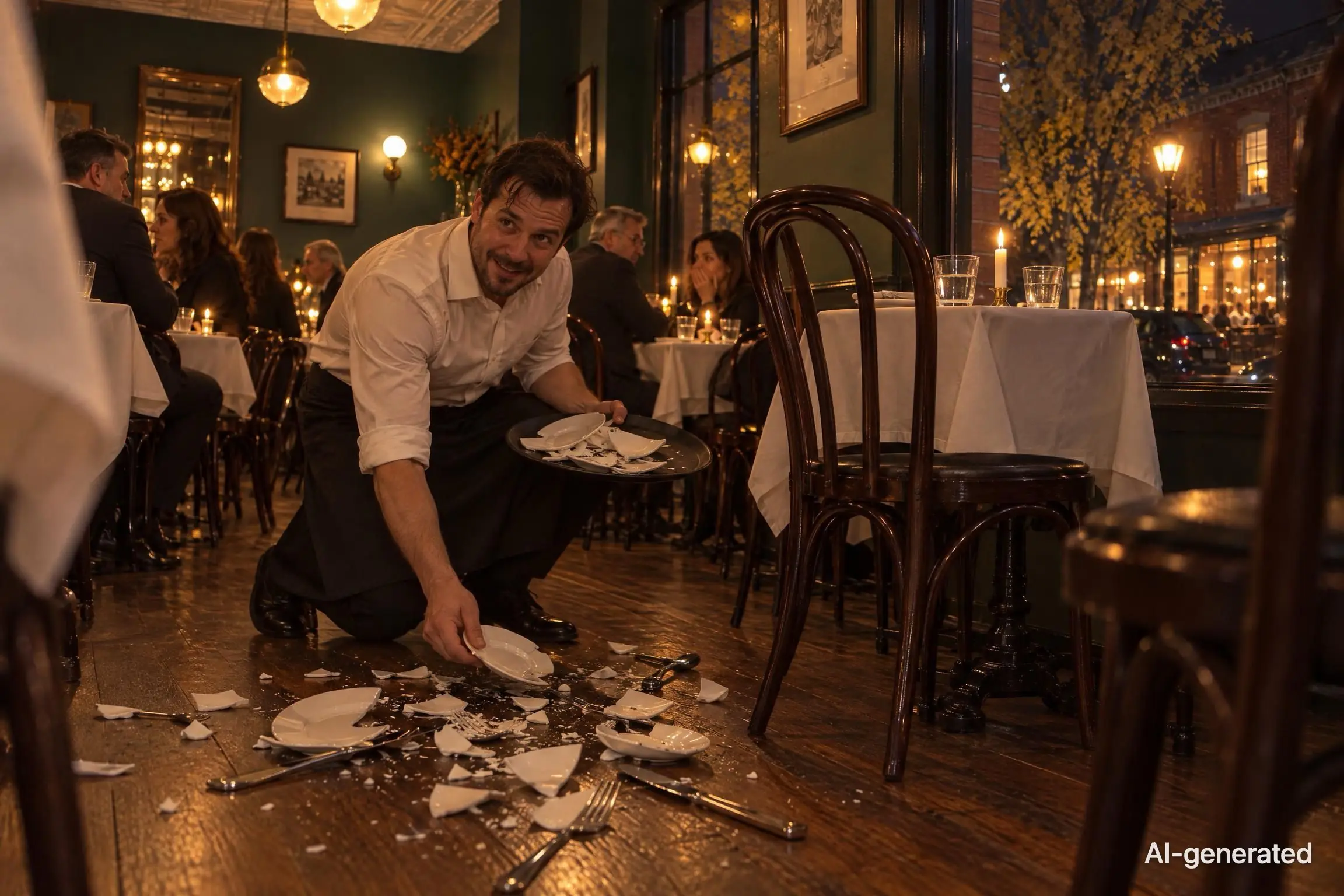 AI-generated photo of a waiter crouched among broken plates on a bistro floor, grinning sheepishly. The photo carries an AI-generated mark.