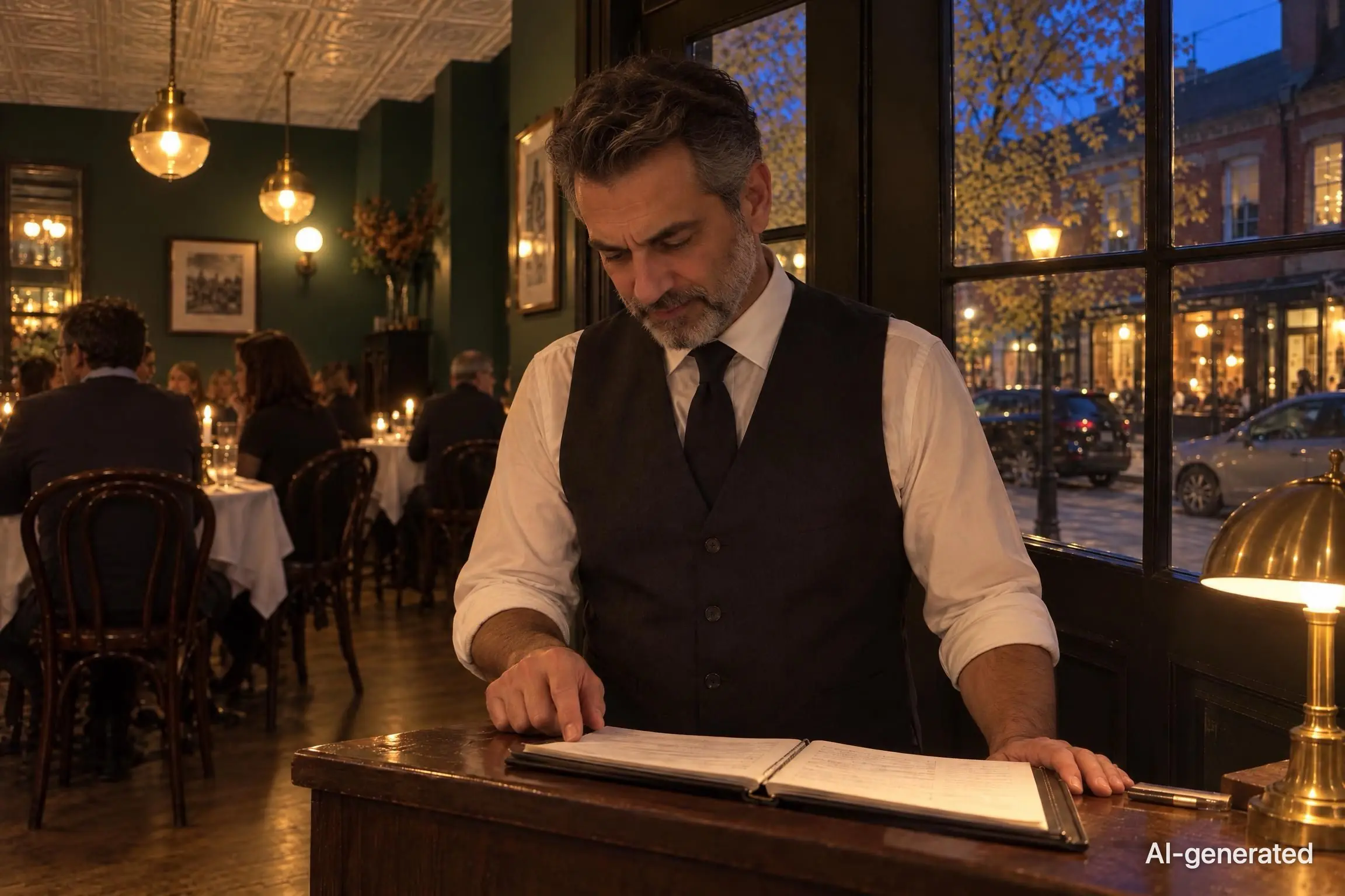 AI-generated photo of a maître d' bent over the open book at a bistro's host stand, one finger running down the page. The photo carries an AI-generated mark.