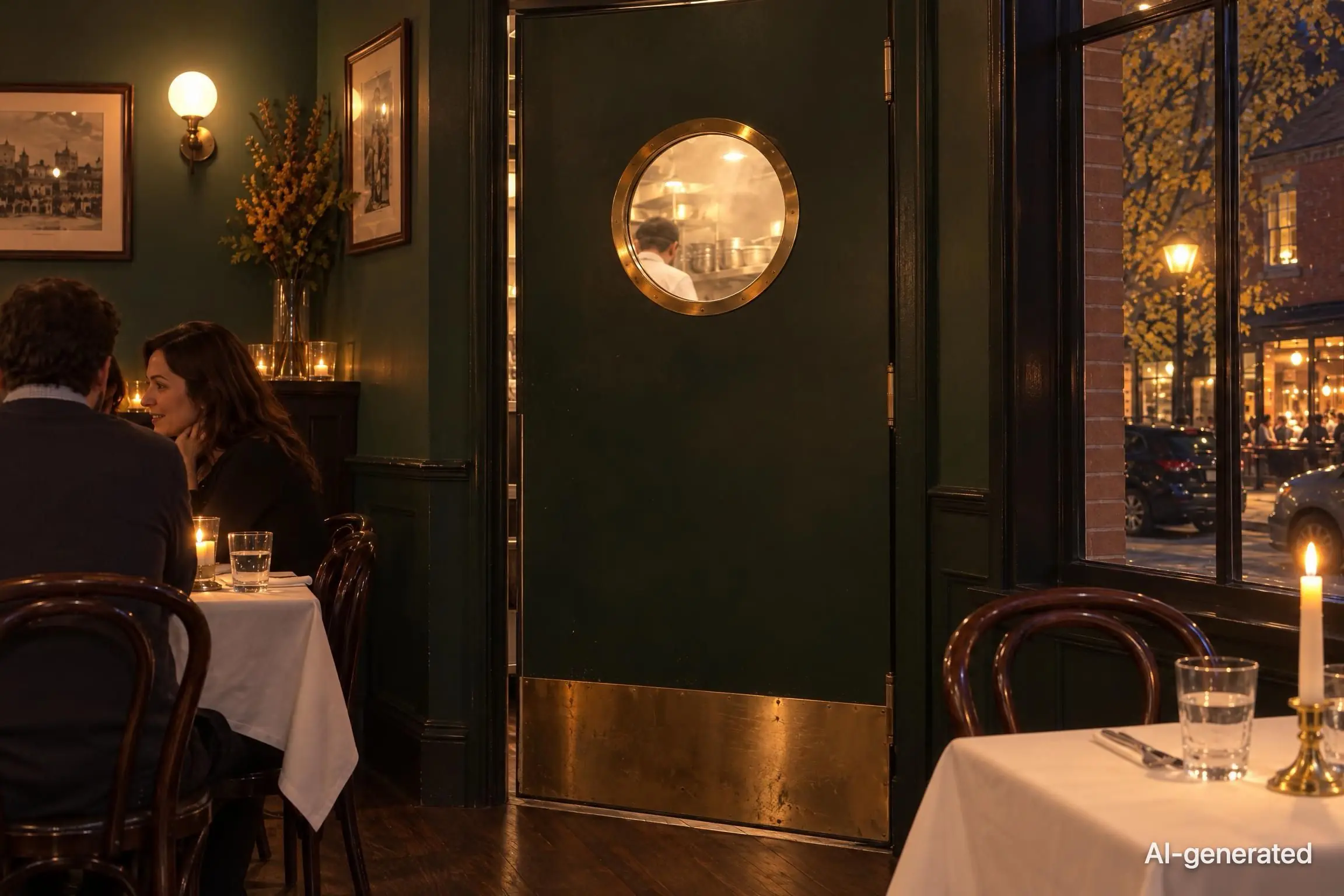AI-generated photo of a bistro's green kitchen door swinging shut, its porthole window glowing. The photo carries an AI-generated mark.