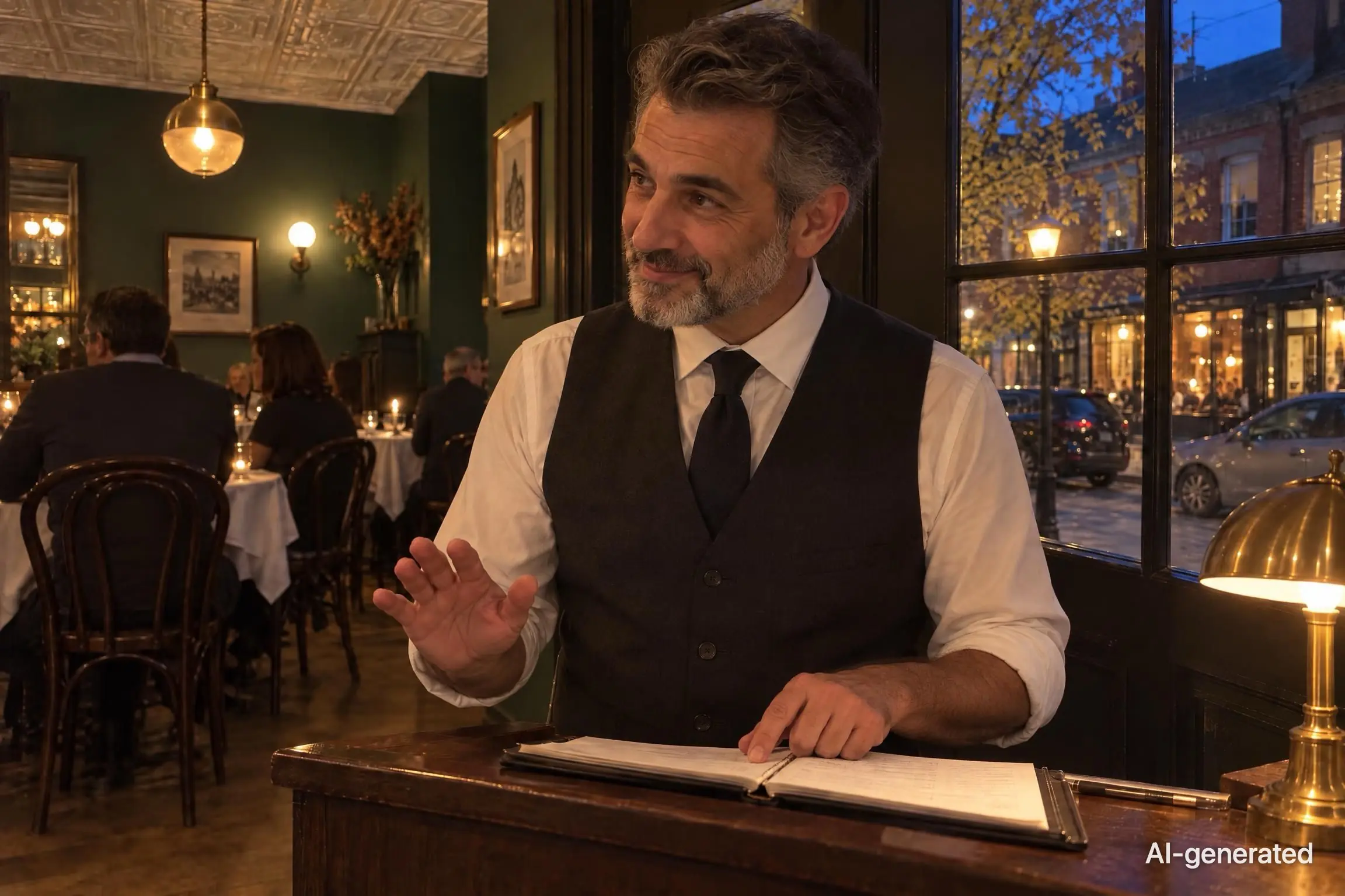 AI-generated photo of a maître d' at a bistro's host stand looking up with an apologetic smile, one finger on the open book. The photo carries an AI-generated mark.