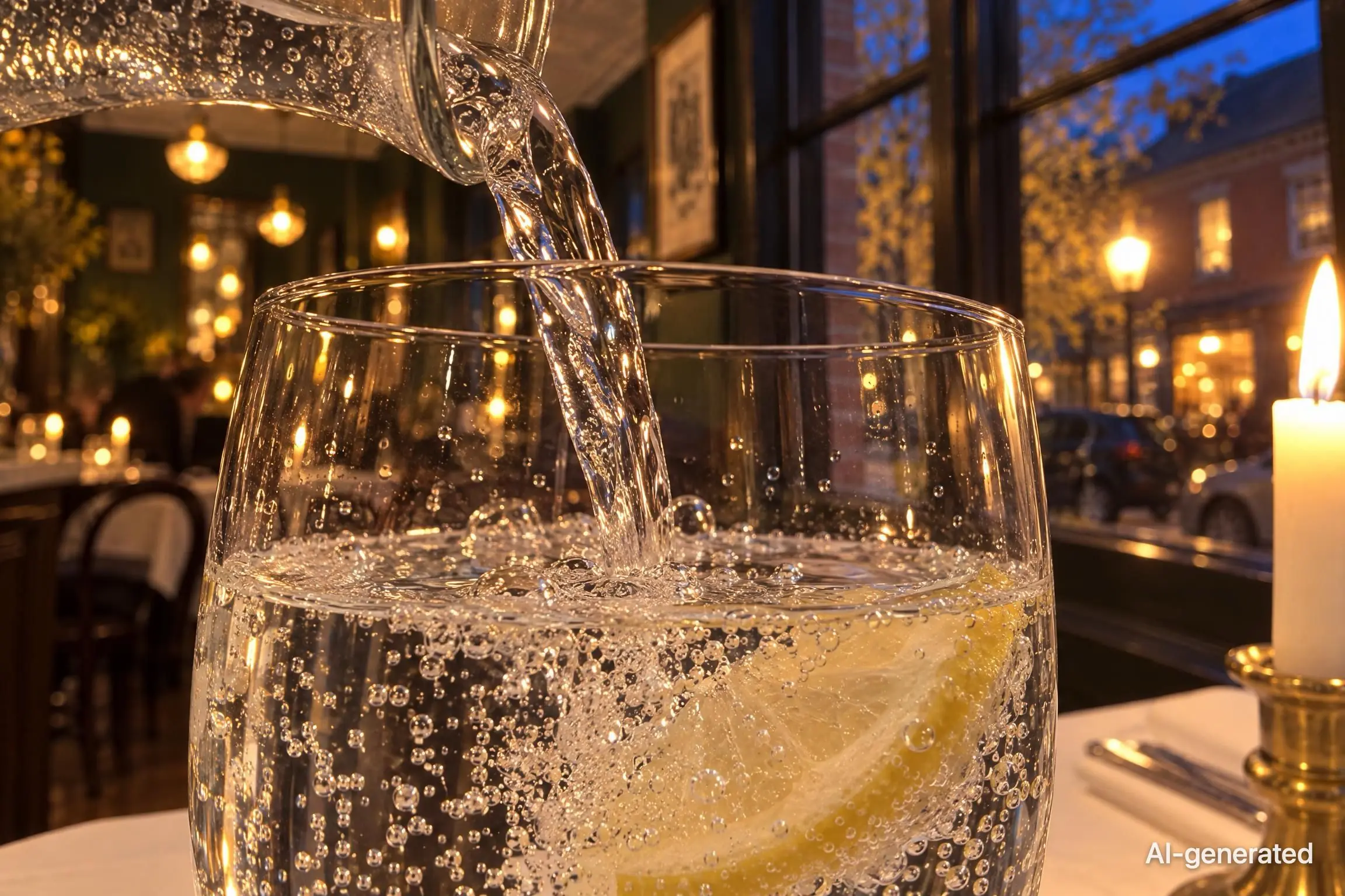 AI-generated photo of sparkling water pouring into a glass on a white tablecloth by candlelight. The photo carries an AI-generated mark.