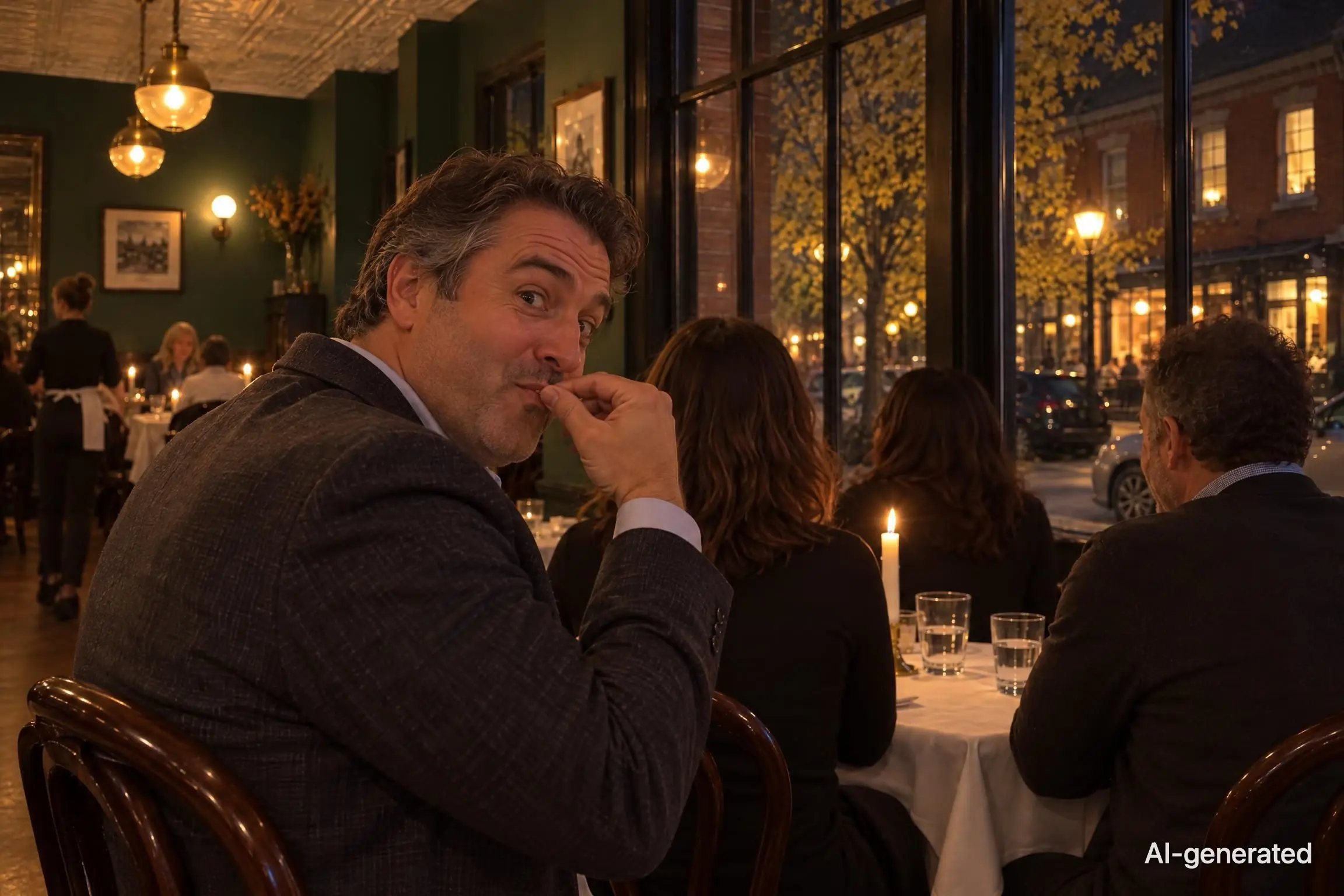 AI-generated photo of a man at the next bistro table miming zipping his lips, his friends trying not to laugh. The photo carries an AI-generated mark.