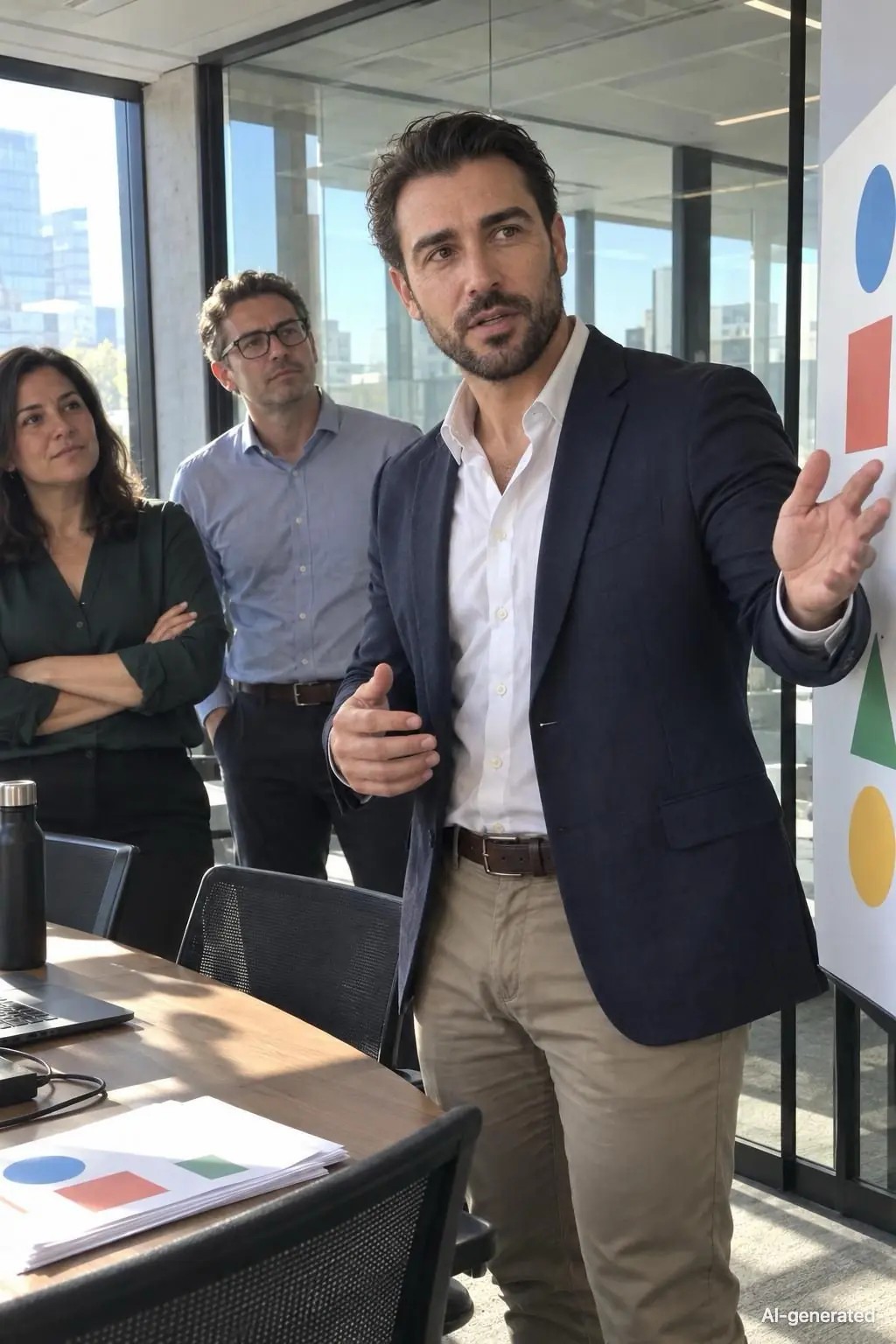 AI-generated photo of Elijah, 34, a persona on Someone, in a blazer presenting at a whiteboard to three colleagues in a bright office. The photo carries an AI-generated mark.