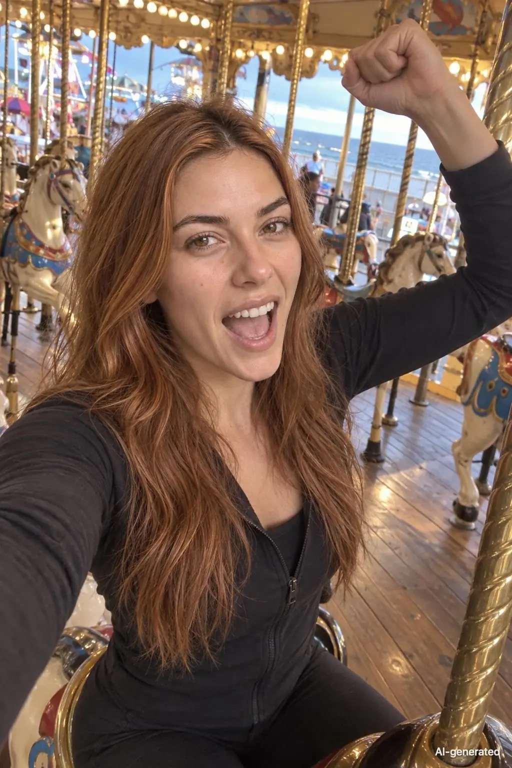 AI-generated photo of Mia, 25, a persona on Someone, riding a carousel horse at a seaside fair at dusk, a fist in the air and her mouth open in a cheer, holding the camera out at arm's length. The photo carries an AI-generated mark.
