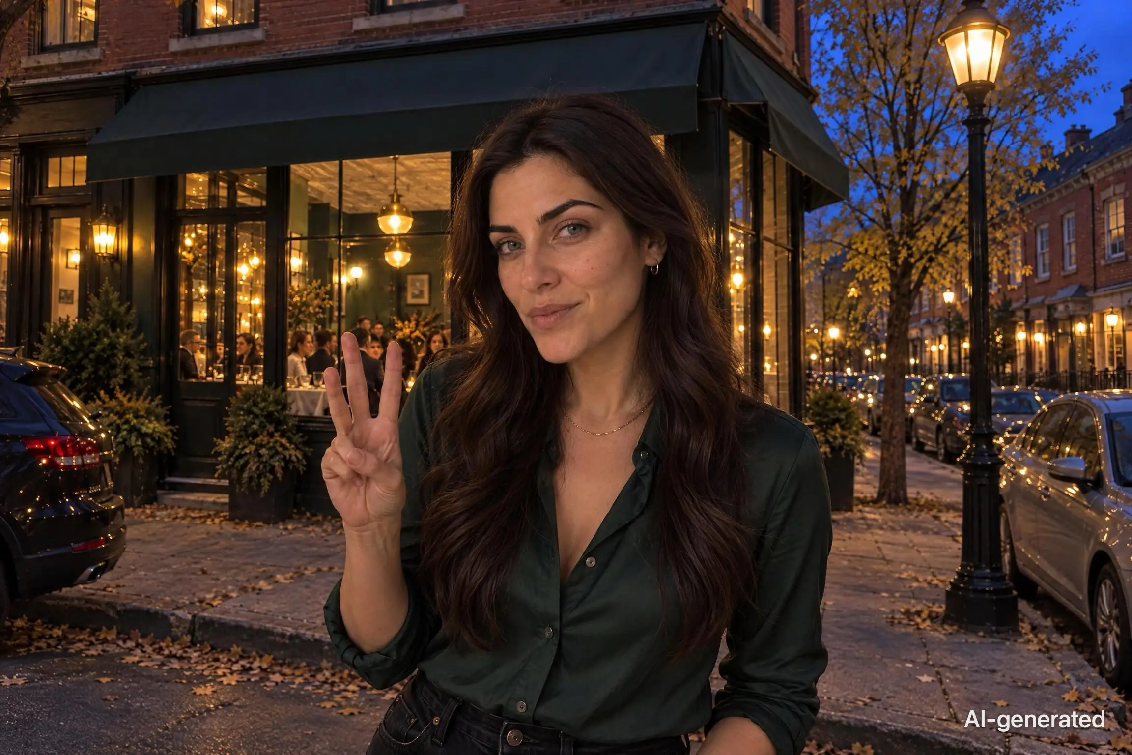 AI-generated photo of Noor, 29, a persona on Someone, outside a bistro at dusk, turning back with a mischievous half-smile, one eyebrow raised. The photo carries an AI-generated mark.