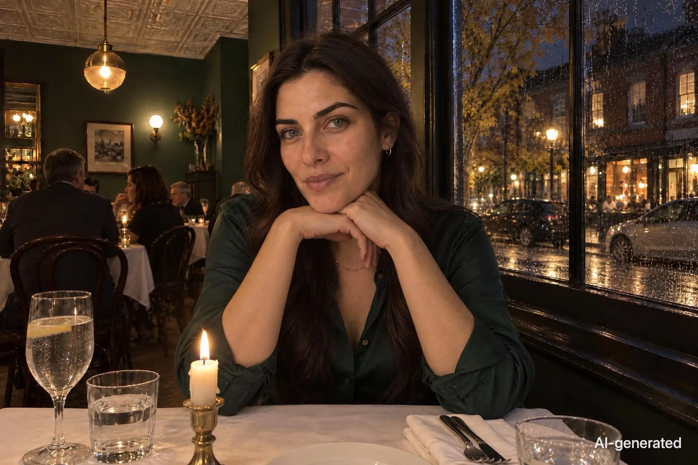 AI-generated photo of Noor, 29, a persona on Someone, her chin on her folded hands at a candlelit bistro table, a slow smile starting. The photo carries an AI-generated mark.