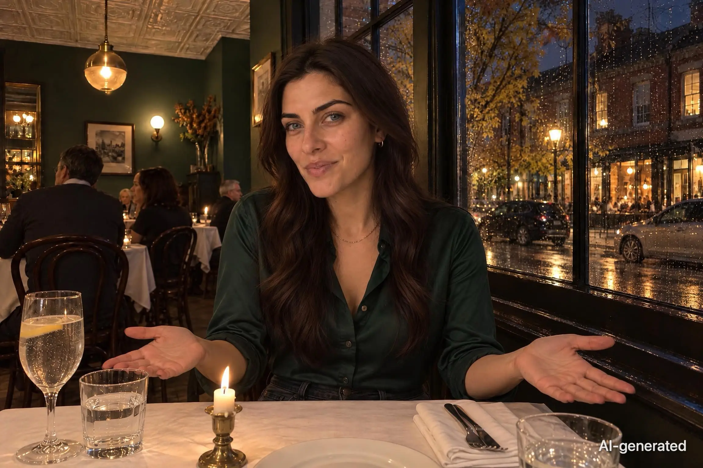 AI-generated photo of Noor, 29, a persona on Someone, sitting back at a candlelit bistro table with a smug, delighted grin. The photo carries an AI-generated mark.