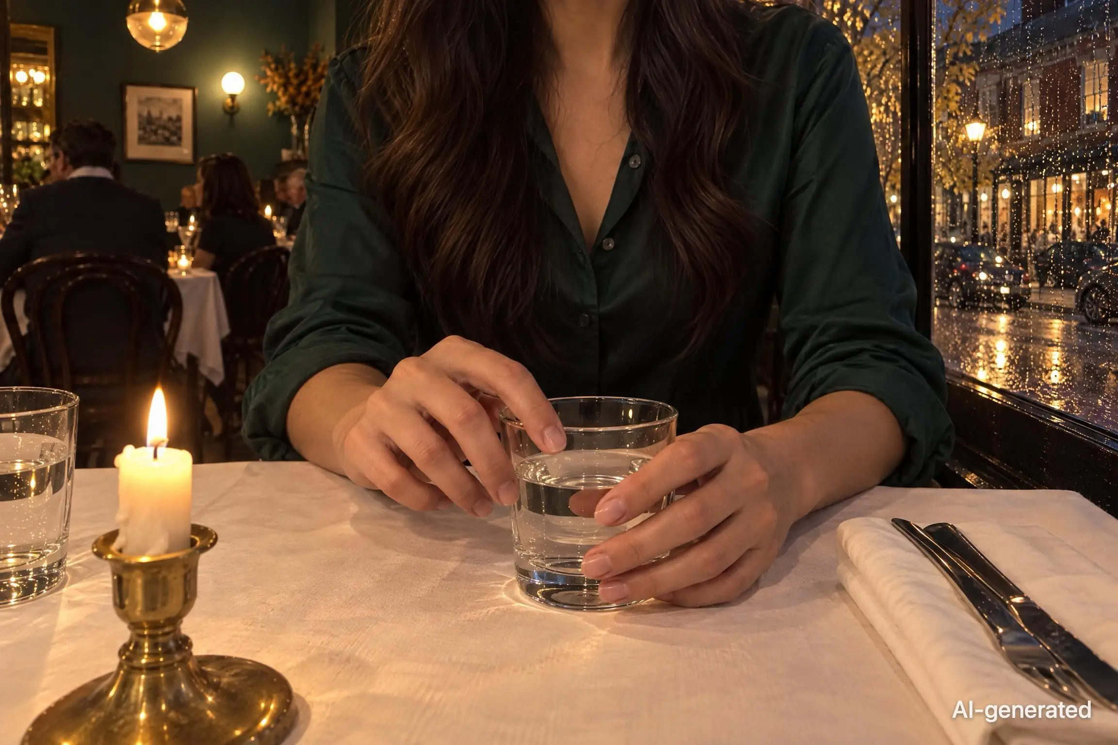 AI-generated photo of hands turning a glass of water on a white tablecloth by candlelight. The photo carries an AI-generated mark.