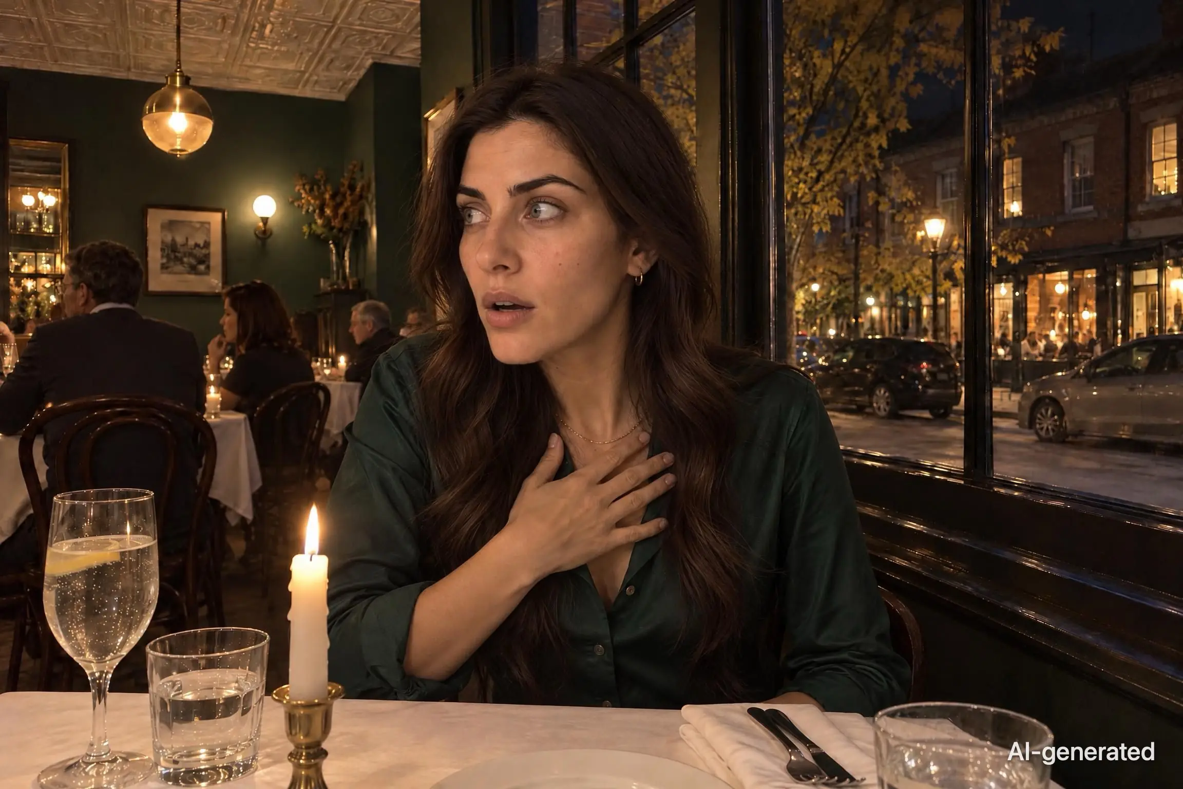 AI-generated photo of Noor, 29, a persona on Someone, at a candlelit bistro table, startled, one hand at her collarbone. The photo carries an AI-generated mark.