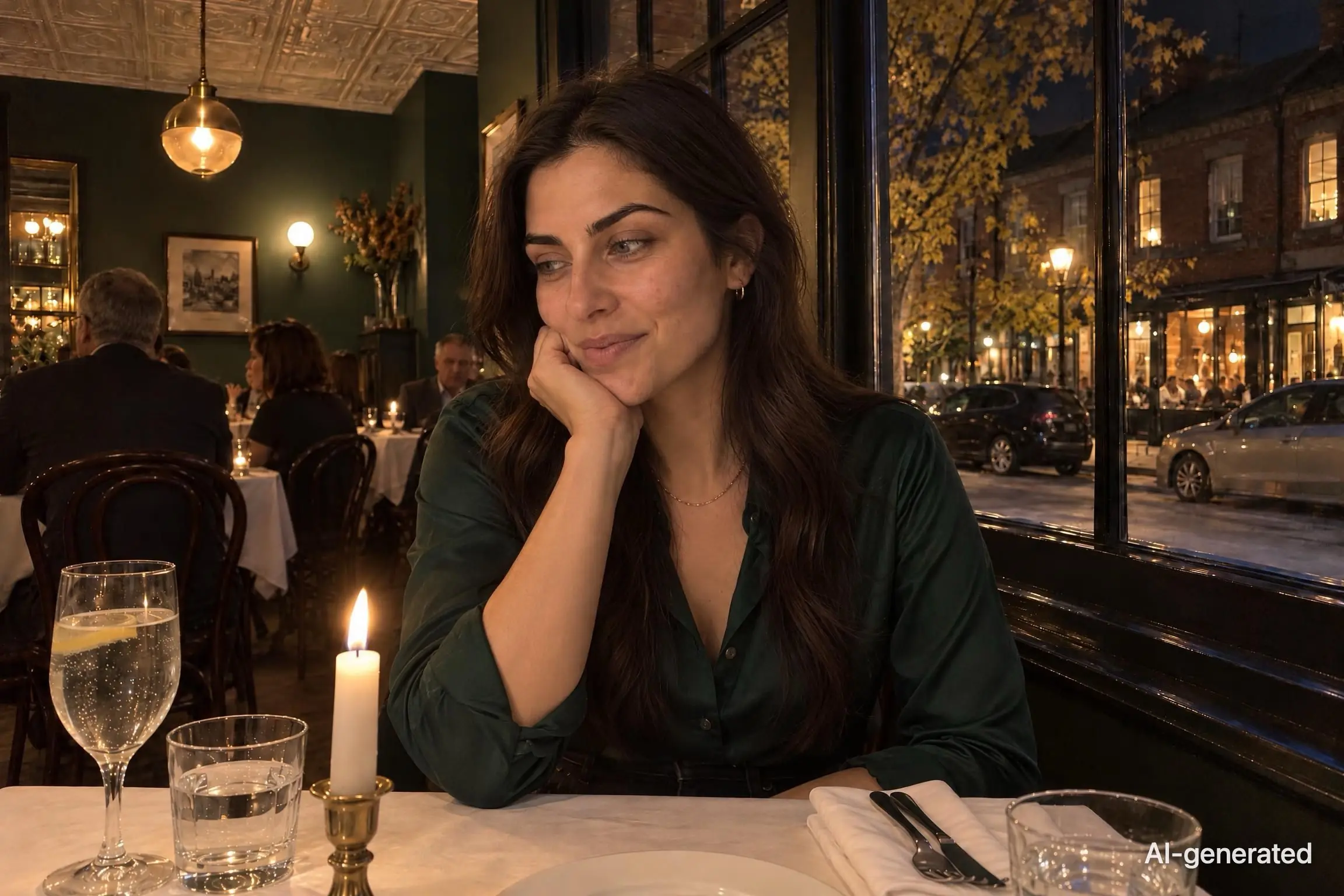 AI-generated photo of Noor, 29, a persona on Someone, at a candlelit bistro table, chin on her hand, watching with a softening smile. The photo carries an AI-generated mark.