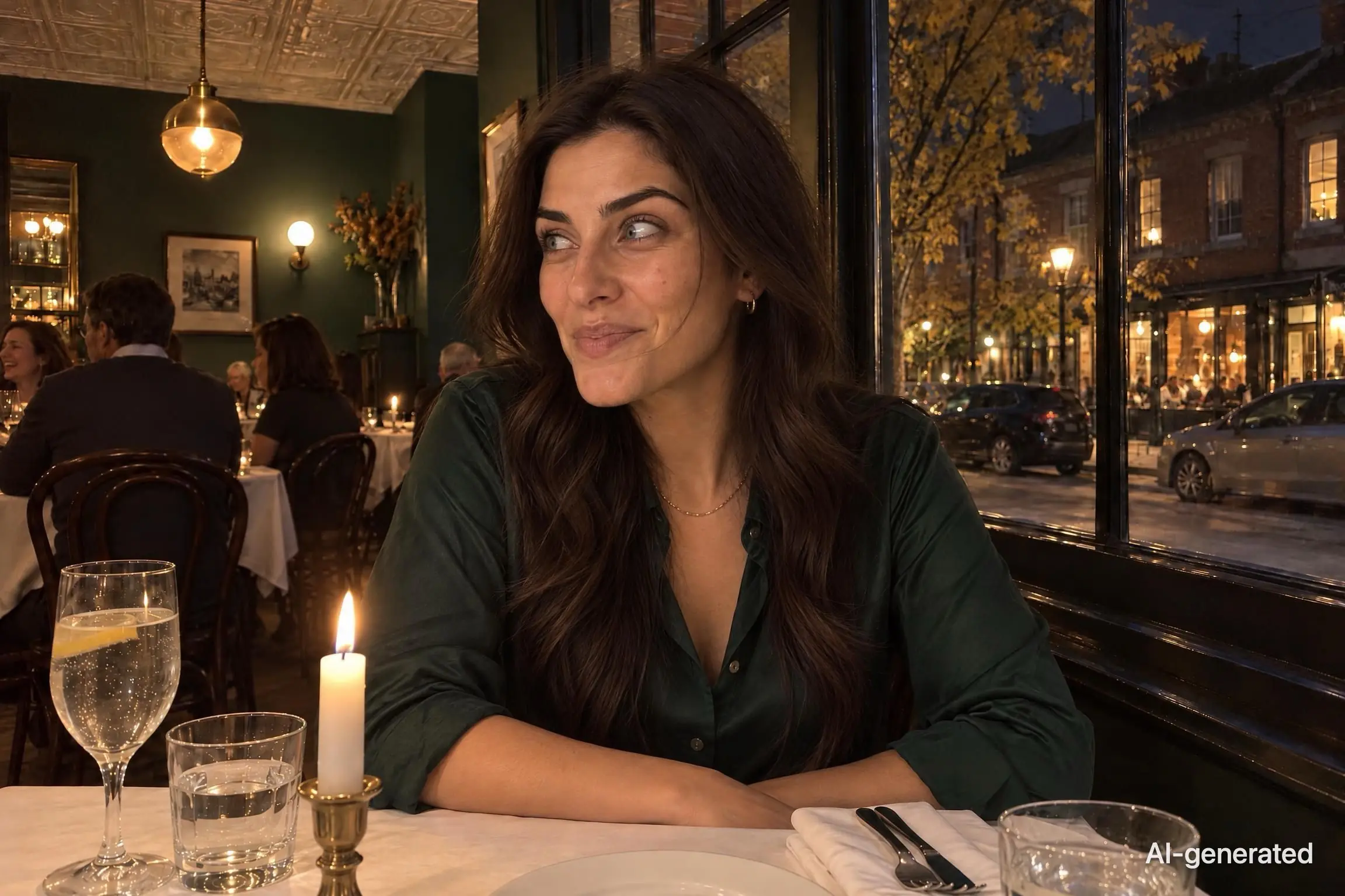 AI-generated photo of Noor, 29, a persona on Someone, at a candlelit bistro table, glancing sideways at loud laughter nearby, holding in a smile. The photo carries an AI-generated mark.