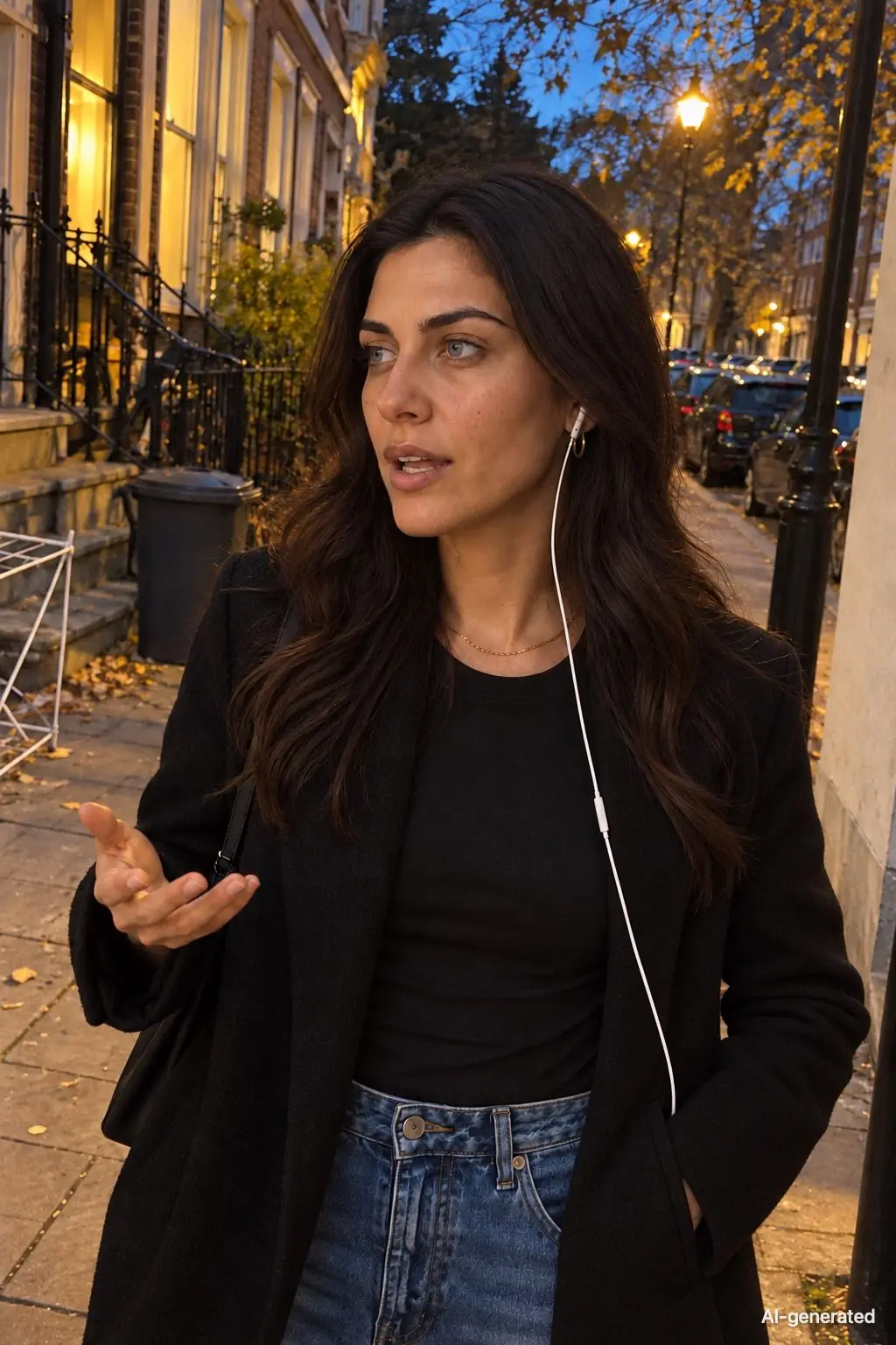 AI-generated photo of Noor, 29, a persona on Someone, walking home at dusk with earbuds in, talking on a call. The photo carries an AI-generated mark.