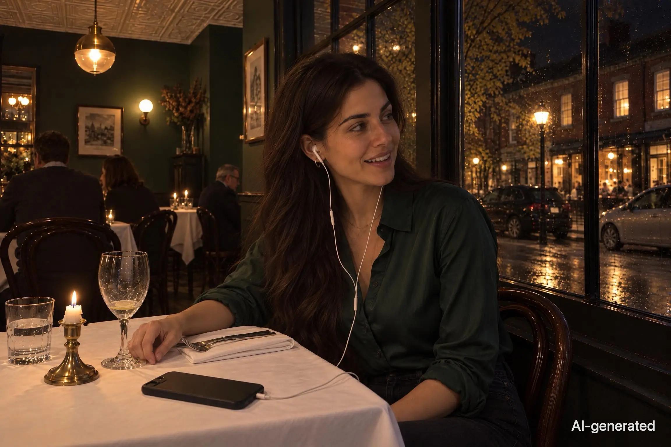 AI-generated photo of Noor, 29, a persona on Someone, at a window table in a small bistro late in the evening, the candle burned low, smiling toward the window as she listens on a call, one hand on the tablecloth. The photo carries an AI-generated mark.