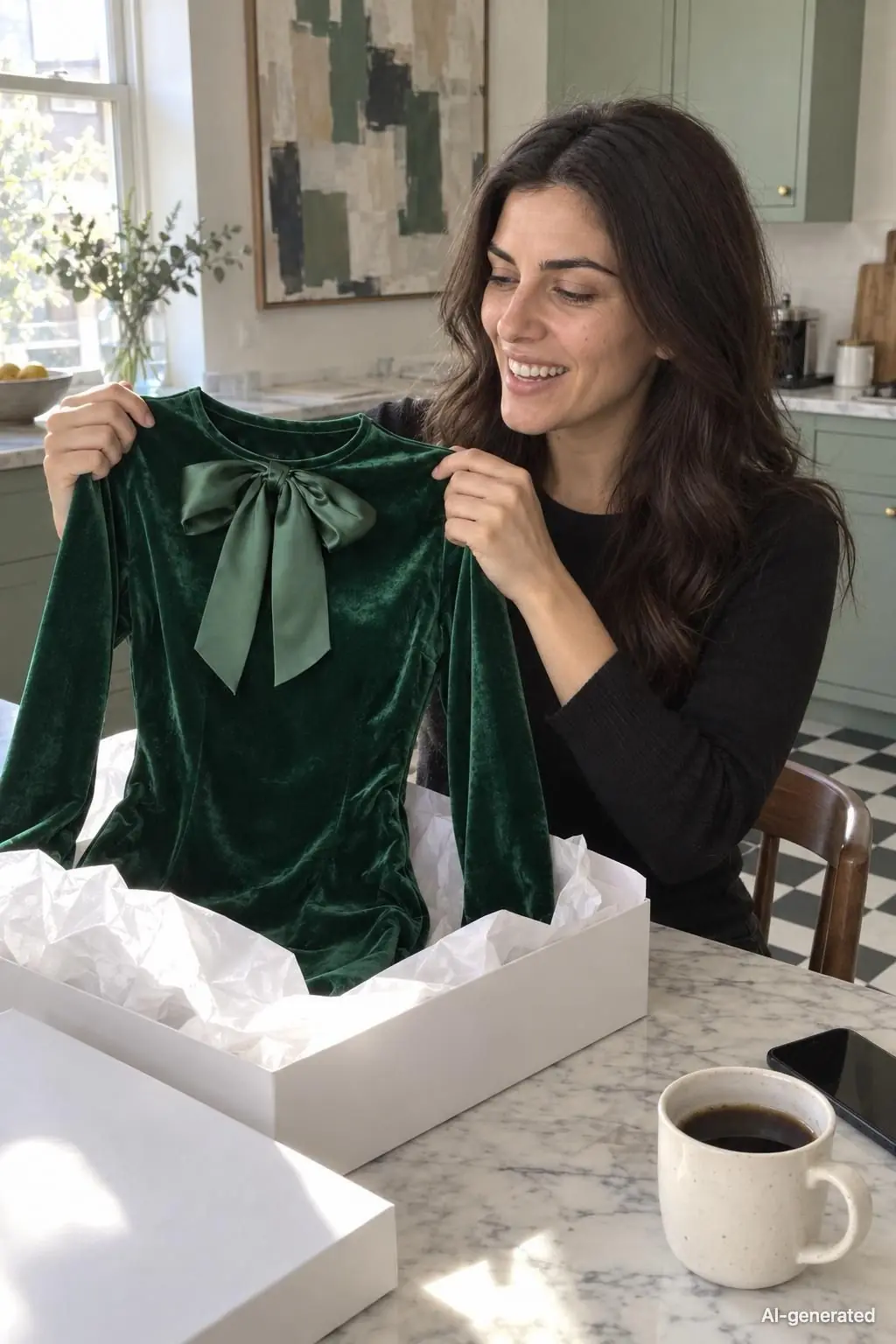 AI-generated photo of Noor, 29, a persona on Someone, opening the box at her kitchen table, laughing, the emerald velvet mini half out of its tissue paper. The photo carries an AI-generated mark.