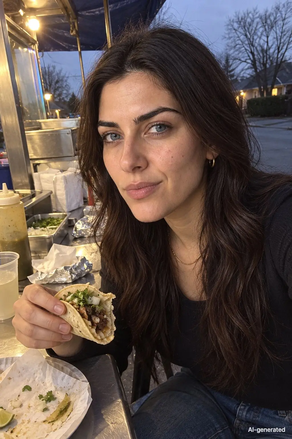 AI-generated photo of Noor, 29, a persona on Someone, about to bite into a taco at a street stand at dusk. The photo carries an AI-generated mark.