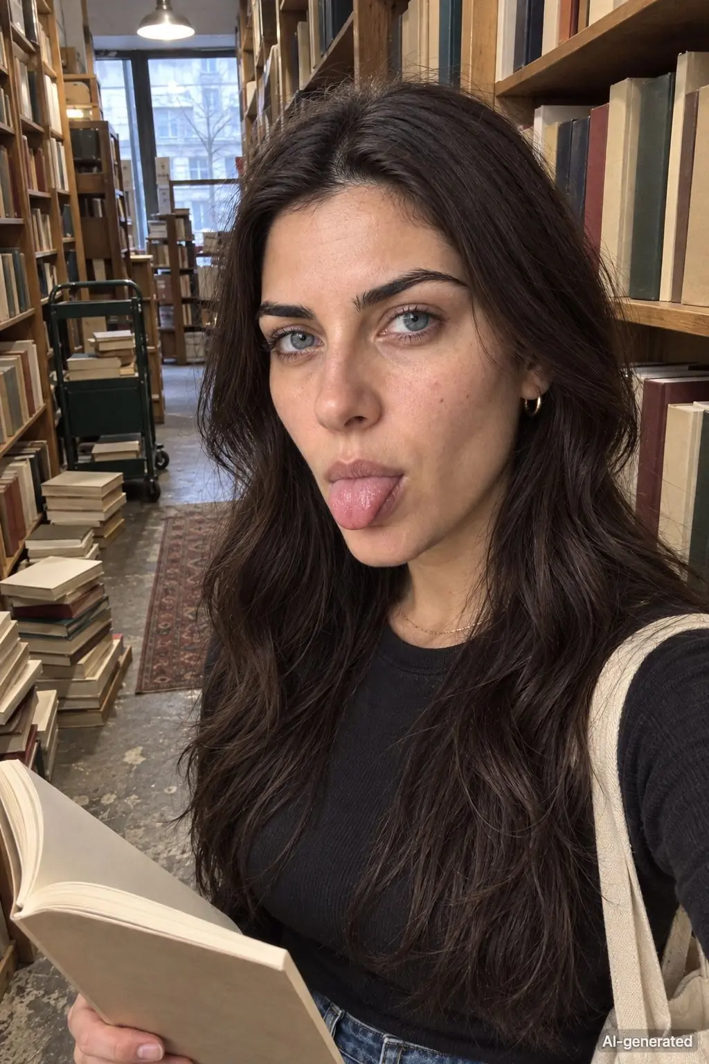 AI-generated photo of Noor, 29, a persona on Someone, sticking her tongue out for a selfie between the shelves of a bookshop. The photo carries an AI-generated mark.