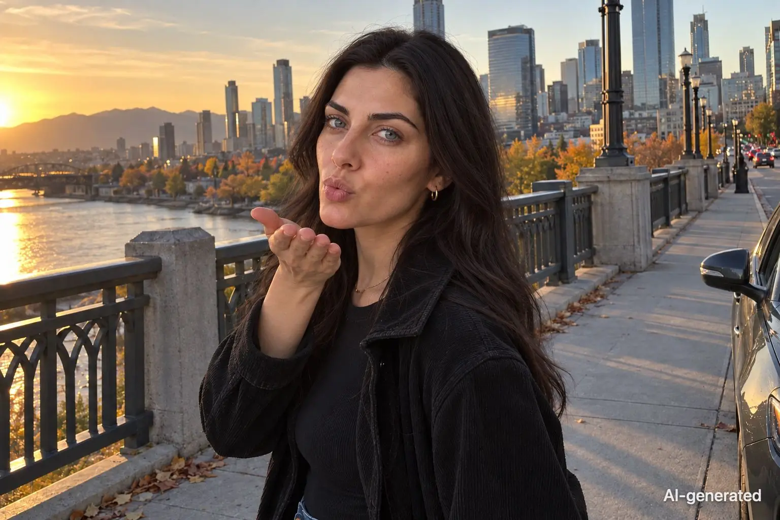 AI-generated photo of Noor, 29, a persona on Someone, looking back over her shoulder on a bridge at golden hour, the city skyline behind her. The photo carries an AI-generated mark.