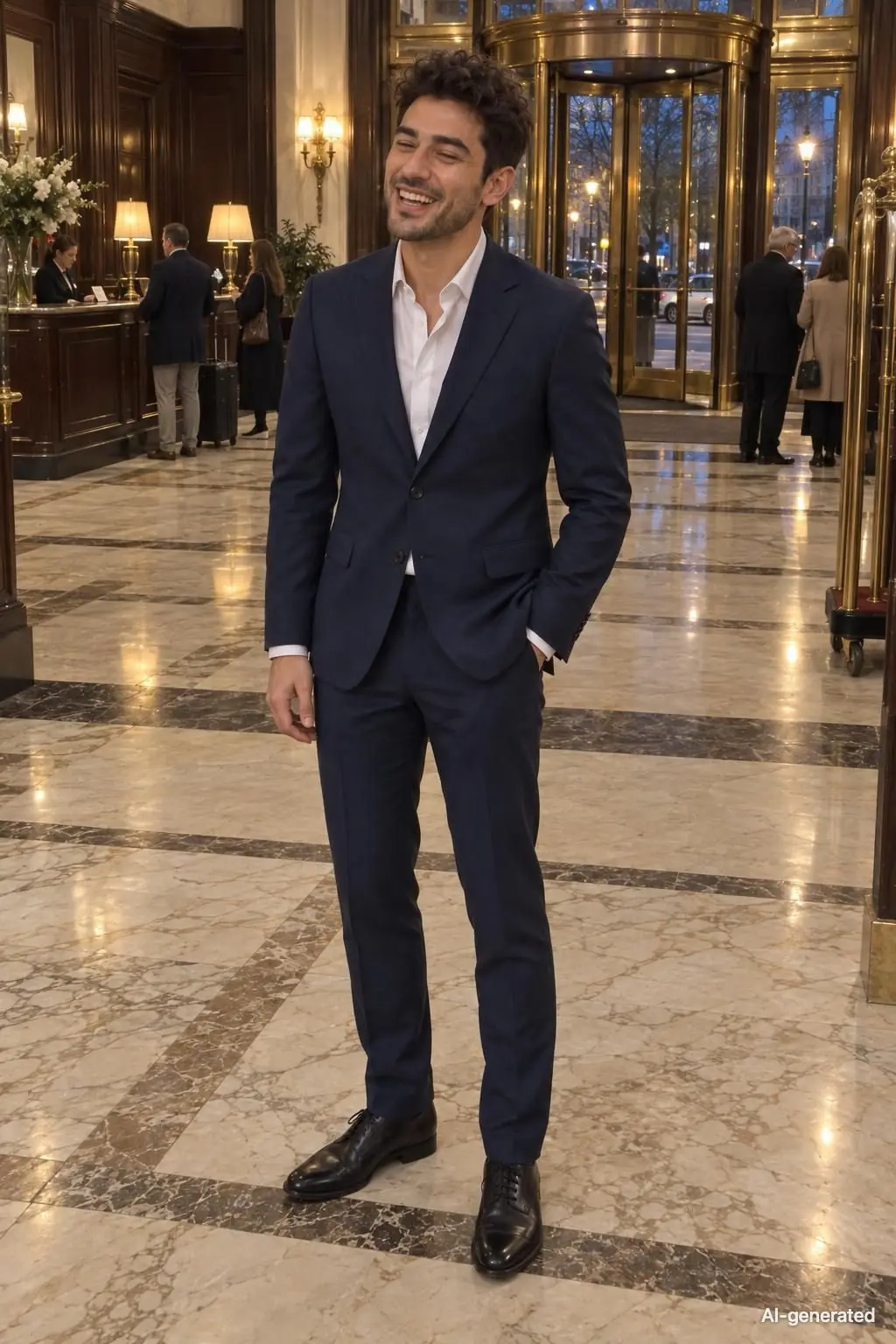 AI-generated photo of Pete, 25, a persona on Someone, laughing in the navy suit in an old hotel lobby in the early evening. The photo carries an AI-generated mark.