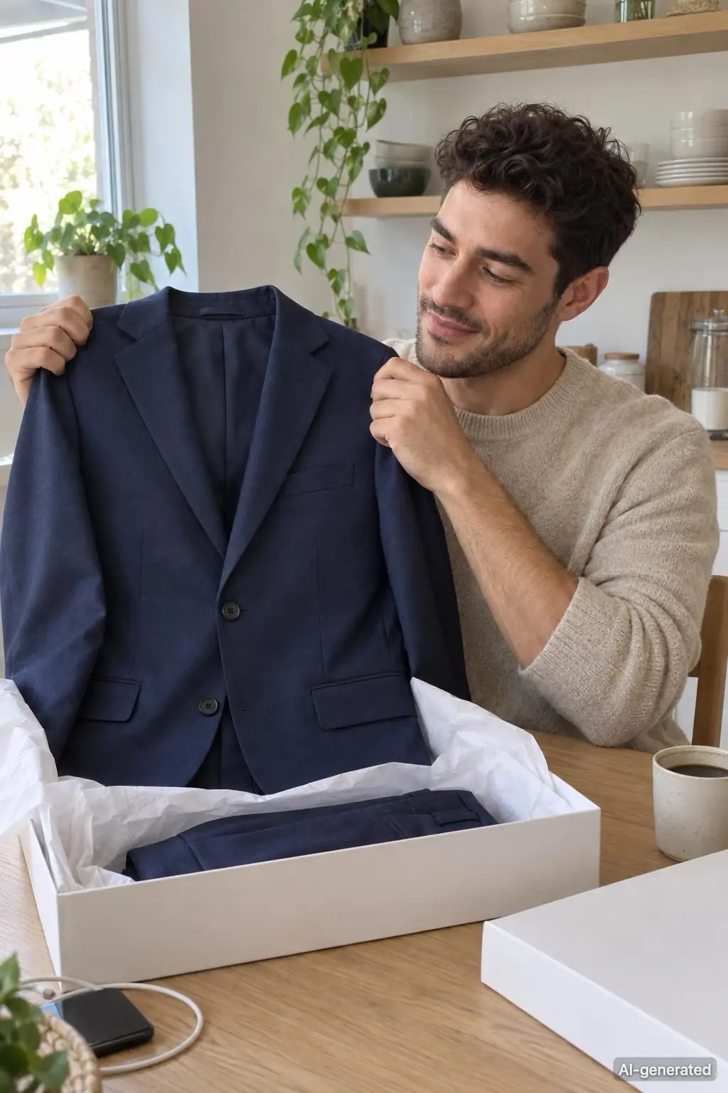 AI-generated photo of Pete, 25, a persona on Someone, opening the box at his kitchen table, grinning, the navy suit half out of its tissue paper. The photo carries an AI-generated mark.