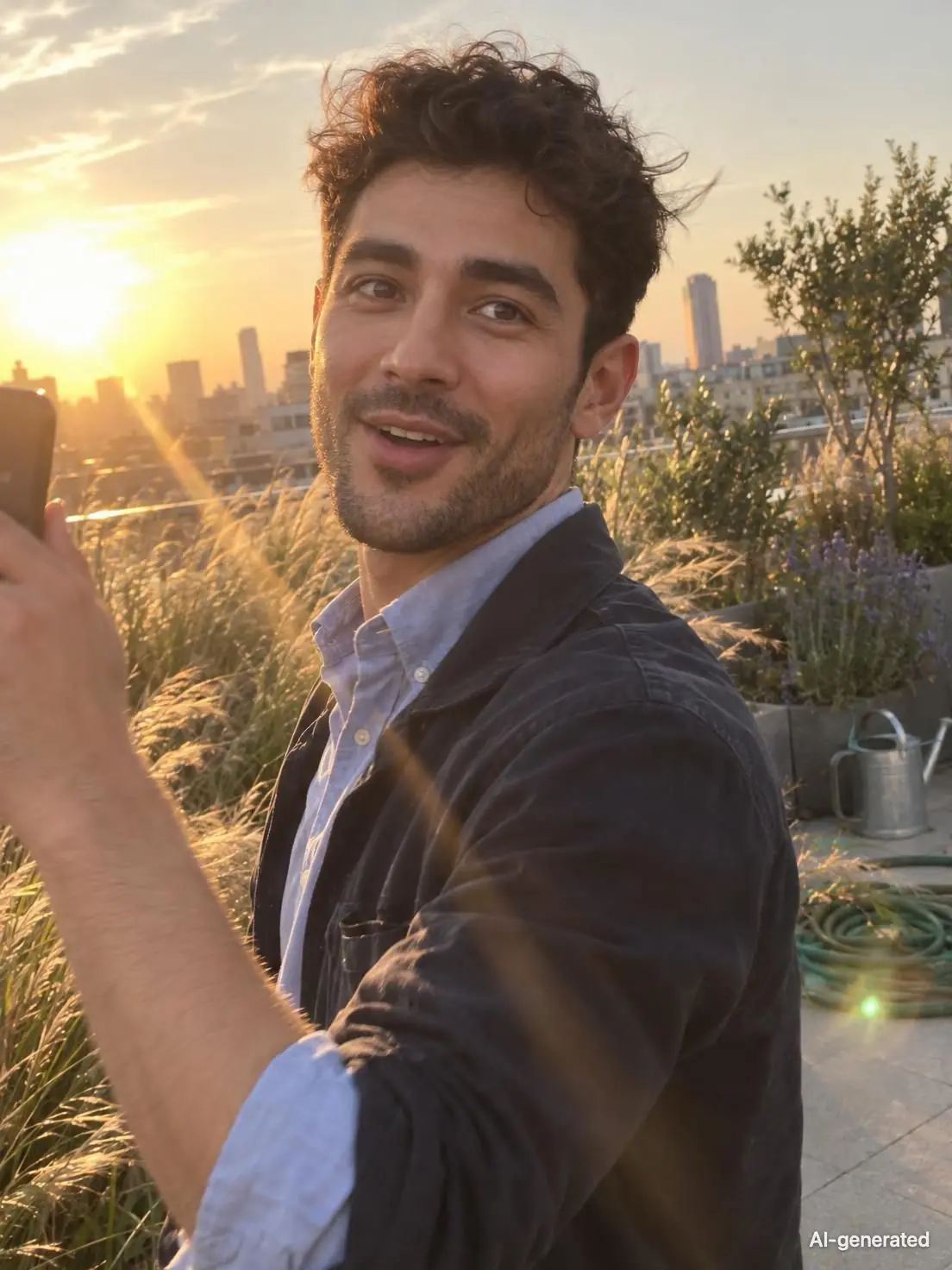 AI-generated photo of Pete, 25, a persona on Someone, in a rooftop garden at golden hour, taking a photo of the sunset. The photo carries an AI-generated mark.