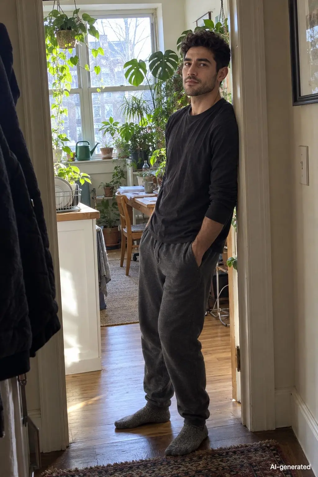 AI-generated photo of Pete, 25, a persona on Someone, leaning in a doorway at home with a watering can, his plants behind him. The photo carries an AI-generated mark.