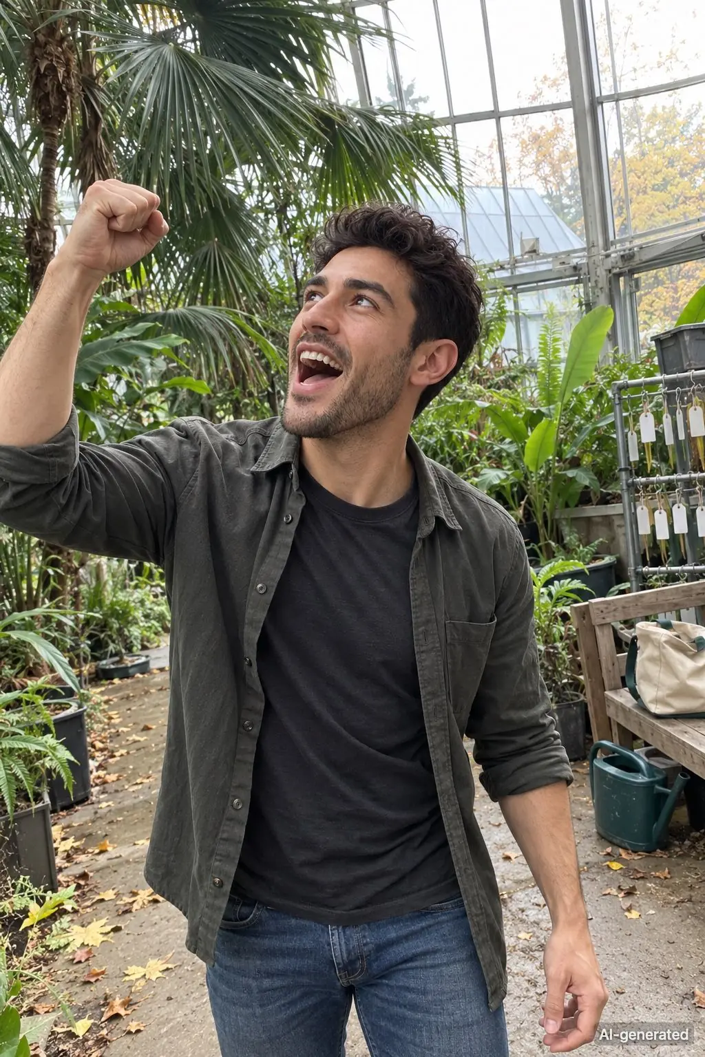AI-generated photo of Pete, 25, a persona on Someone, cheering with a fist up in a greenhouse full of palms. The photo carries an AI-generated mark.