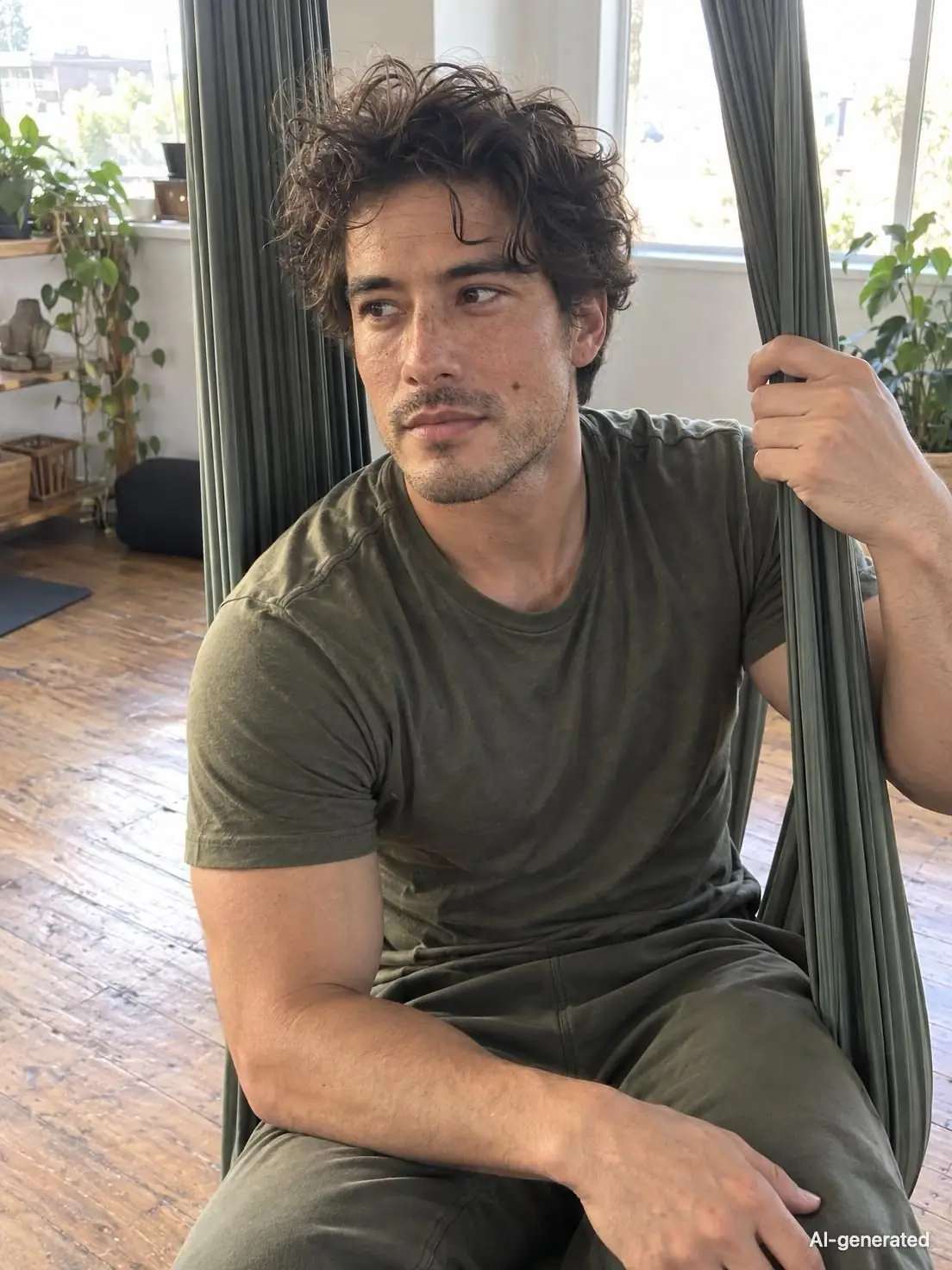 AI-generated photo of Xavier, 29, a persona on Someone, sitting in a hammock of aerial silks a little above the floor of a bright room, one hand holding the fabric. The photo carries an AI-generated mark.