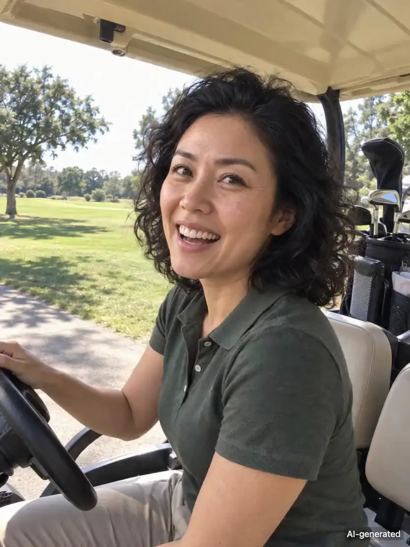 AI-generated video clip of Bea, 39, a persona on Someone, in a golf cart on a golf course, laughing and then smiling into the lens. It carries an AI-generated mark.