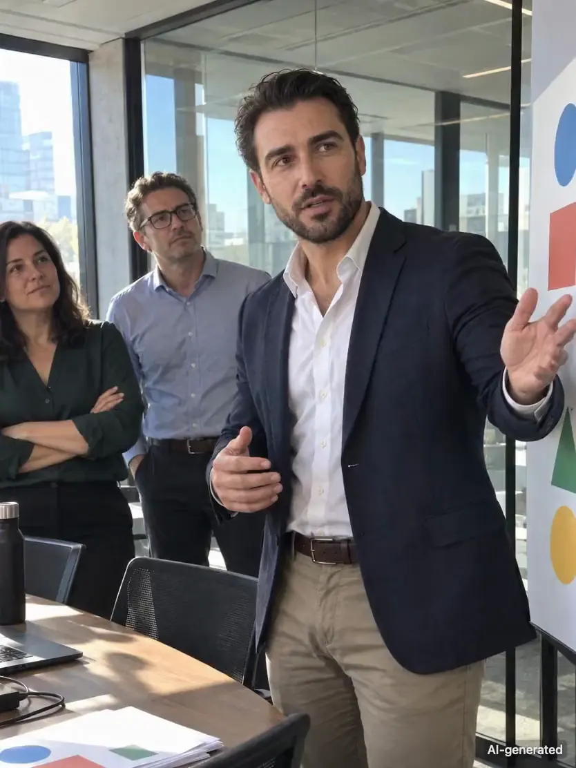 AI-generated video clip of Elijah, 34, a persona on Someone, in a bright office beside a shapes board, two colleagues listening: he glances from the board to the lens and smiles. It carries an AI-generated mark.
