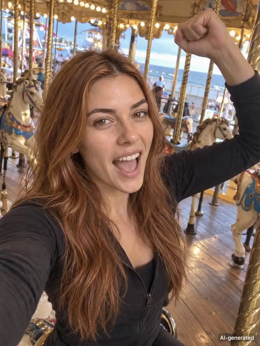 AI-generated video clip of Mia, 25, a persona on Someone, on a carousel at a seaside fair, an arm-length selfie, her raised fist held up inside the frame: she laughs into the lens as the carousel turns gently. It carries an AI-generated mark.