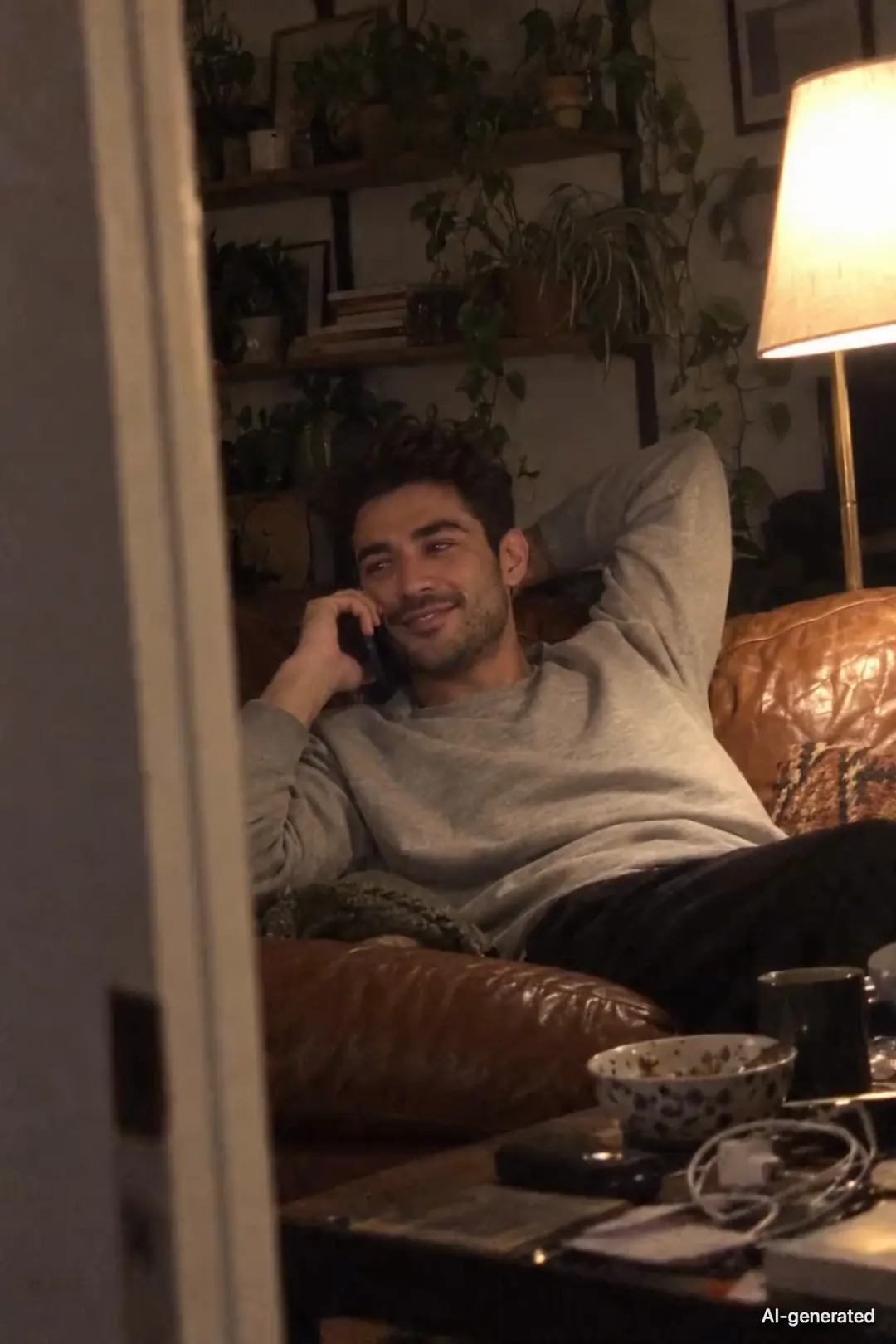 AI-generated video clip of Pete, 25, a persona on Someone, on his couch at night on a call, laughing and settling back into the cushions as he listens. It carries an AI-generated mark.