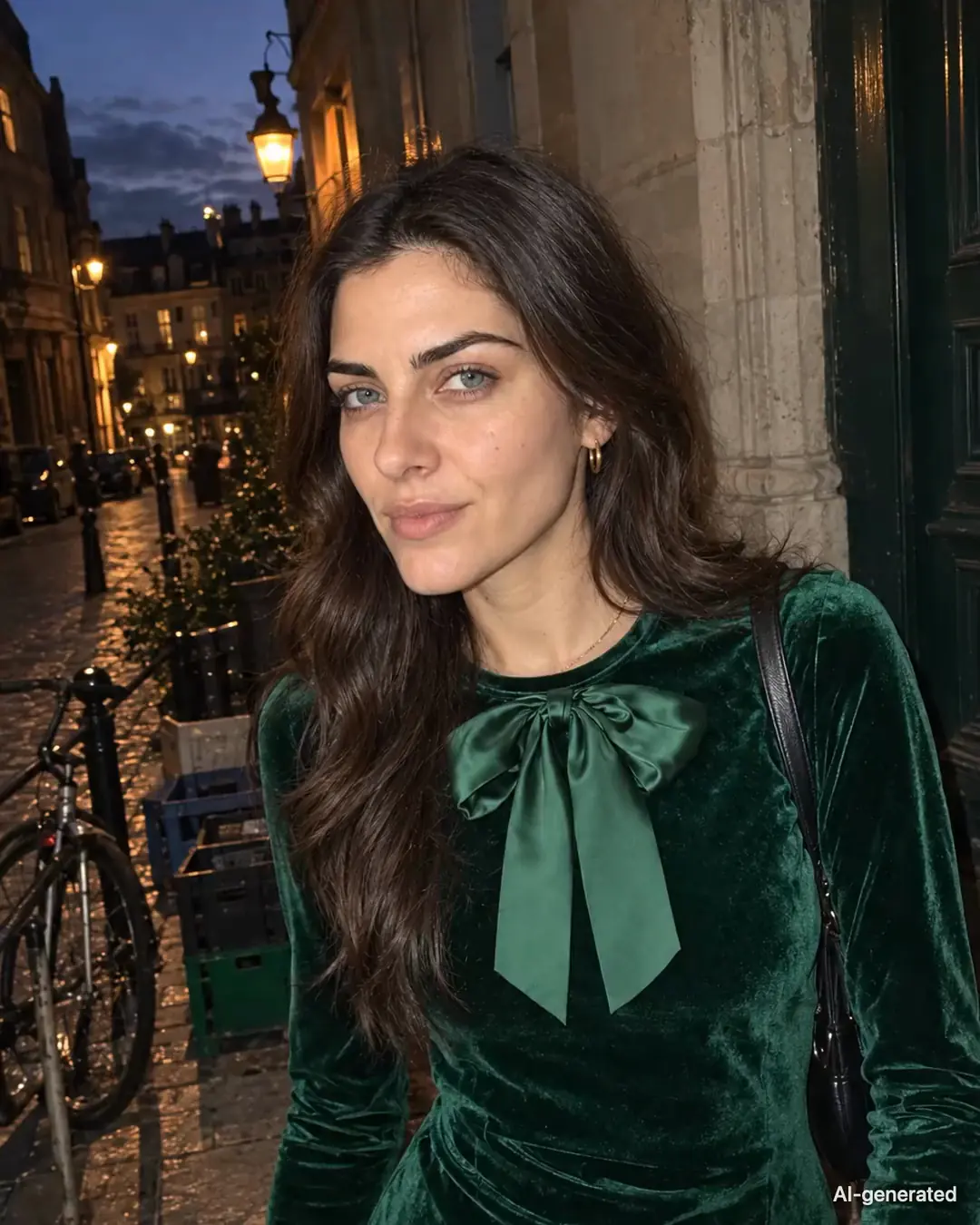 AI-generated video clip of Noor, 29, a persona on Someone, in her green velvet top with the satin bow on a lamplit street at dusk, smiling at the camera. It carries an AI-generated mark.
