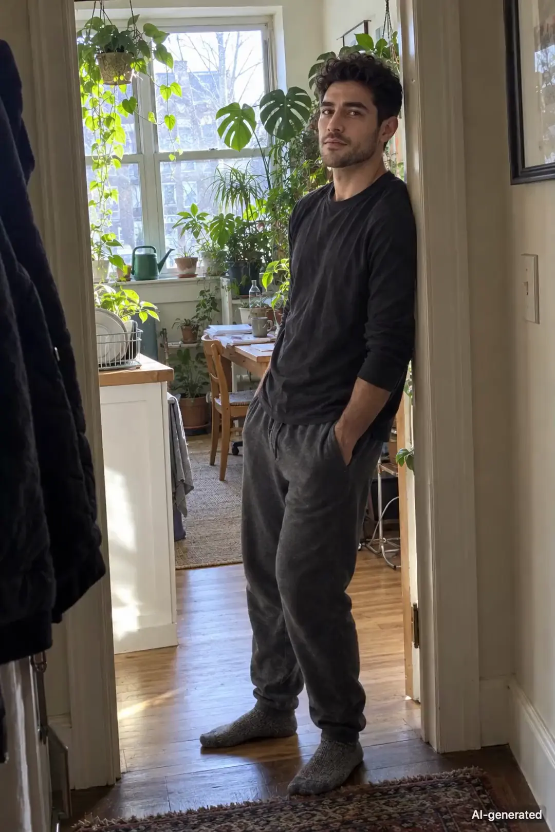 AI-generated video clip of Pete, 25, a persona on Someone, watering the plants by his door, then looking up with a smile. It carries an AI-generated mark.