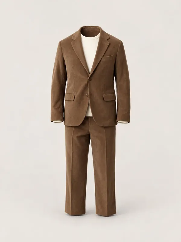 AI-generated product photo of the mocha corduroy suit, one of the pieces in the Someone Shop.