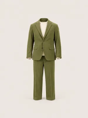 AI-generated product photo of the olive corduroy suit, one of the pieces in the Someone Shop.
