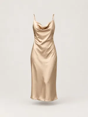 AI-generated product photo of the champagne satin cowl midi, one of the pieces in the Someone Shop.
