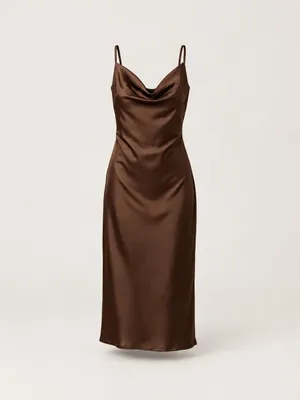 AI-generated product photo of the chocolate satin cowl midi, one of the pieces in the Someone Shop.