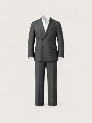 AI-generated product photo of the charcoal double-breasted suit, one of the pieces in the Someone Shop.
