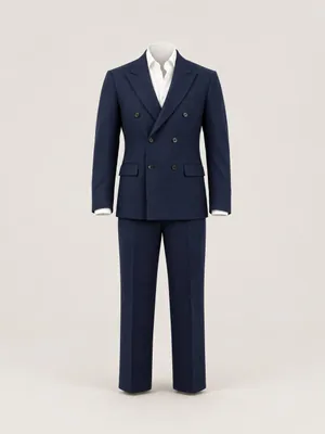 AI-generated product photo of the navy double-breasted suit, one of the pieces in the Someone Shop.