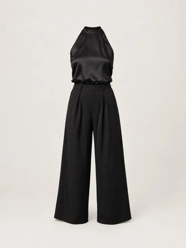 AI-generated product photo of the black satin halter & wide-leg trousers, one of the pieces in the Someone Shop.