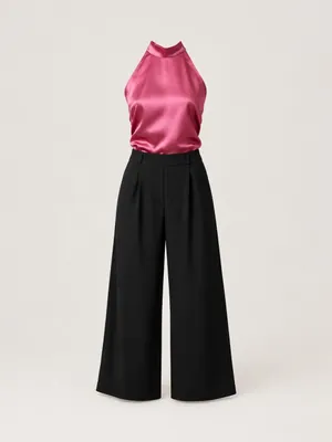 AI-generated product photo of the fuchsia satin halter & wide-leg trousers, one of the pieces in the Someone Shop.
