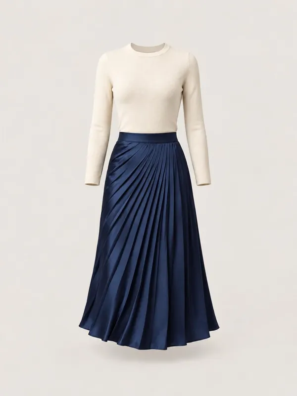 AI-generated product photo of the midnight knit top & pleated satin skirt, one of the pieces in the Someone Shop.