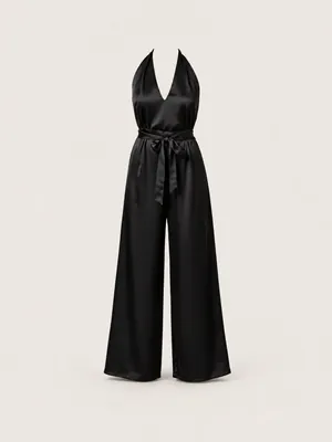 AI-generated product photo of the black wide-leg satin jumpsuit, one of the pieces in the Someone Shop.