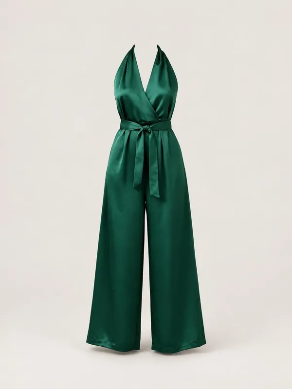 AI-generated product photo of the emerald wide-leg satin jumpsuit, one of the pieces in the Someone Shop.