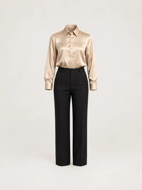 AI-generated product photo of the champagne satin shirt & trousers, one of the pieces in the Someone Shop.