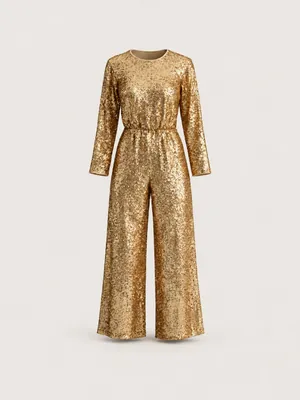 AI-generated product photo of the metallic gold sequin jumpsuit, one of the pieces in the Someone Shop.