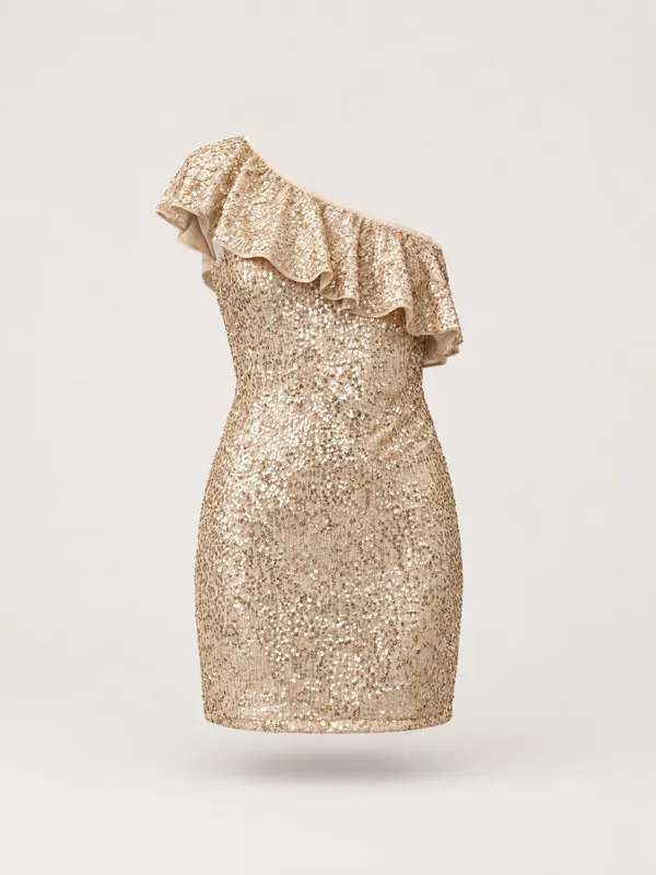AI-generated product photo of the champagne sequin mini, one of the pieces in the Someone Shop.